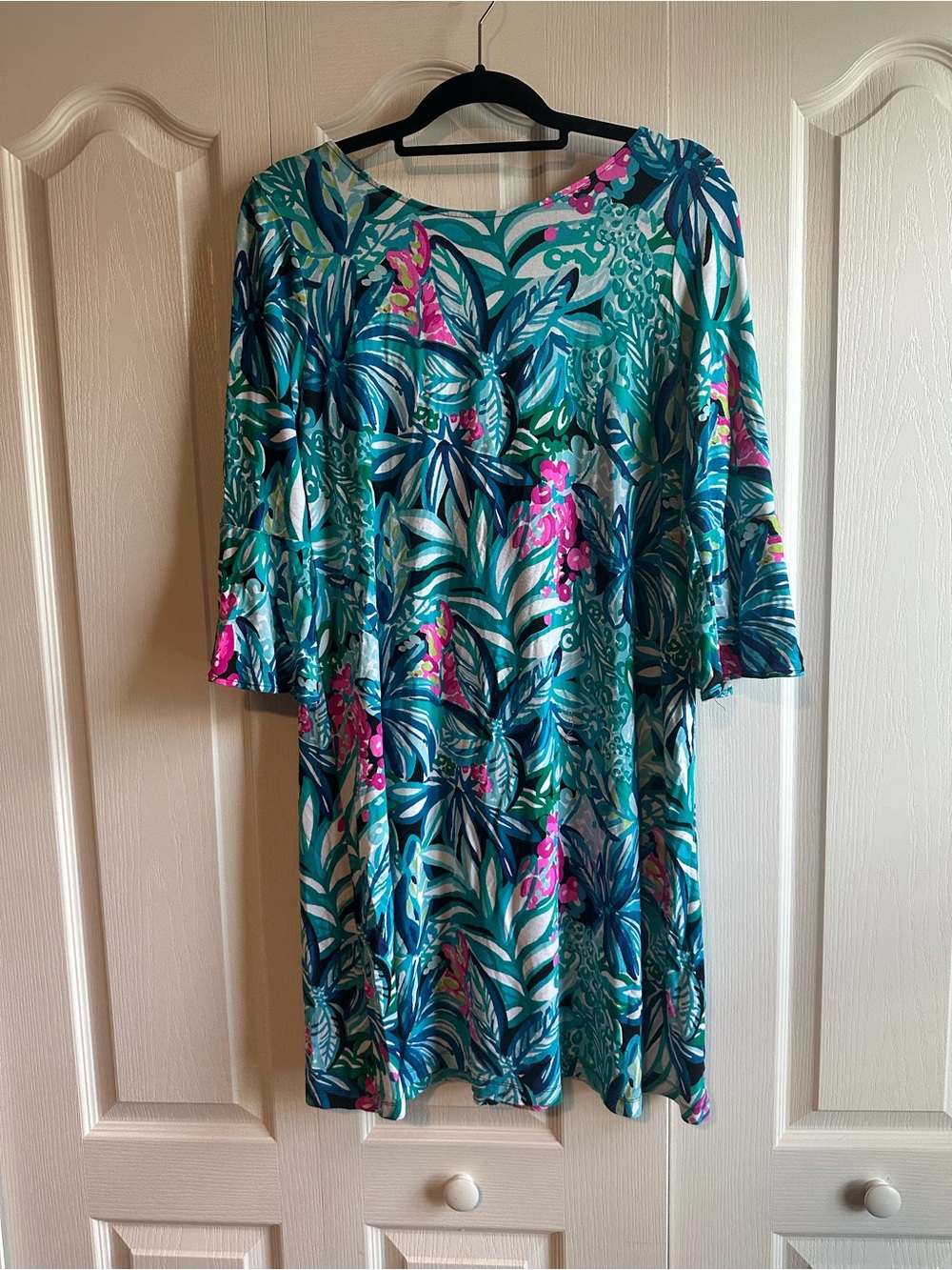 Lilly Pulitzer Teal, Navy & Pink Tropical Leaf with hidden cheetahs dress
